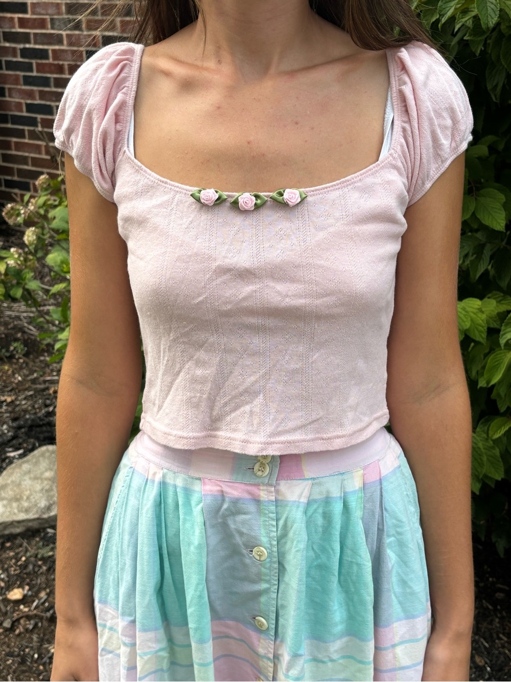 Sugar Thrillz Pastel Pink Pointelle Crop Top